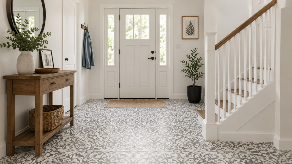 Stylish peel and stick floor tiles in an entryway for a clean home improvement look