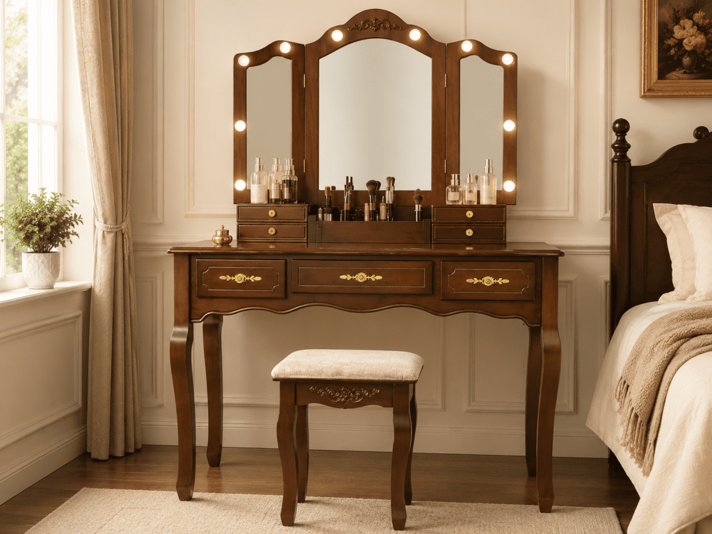 Antique-style vanity with mirror and stool for bedroom storage