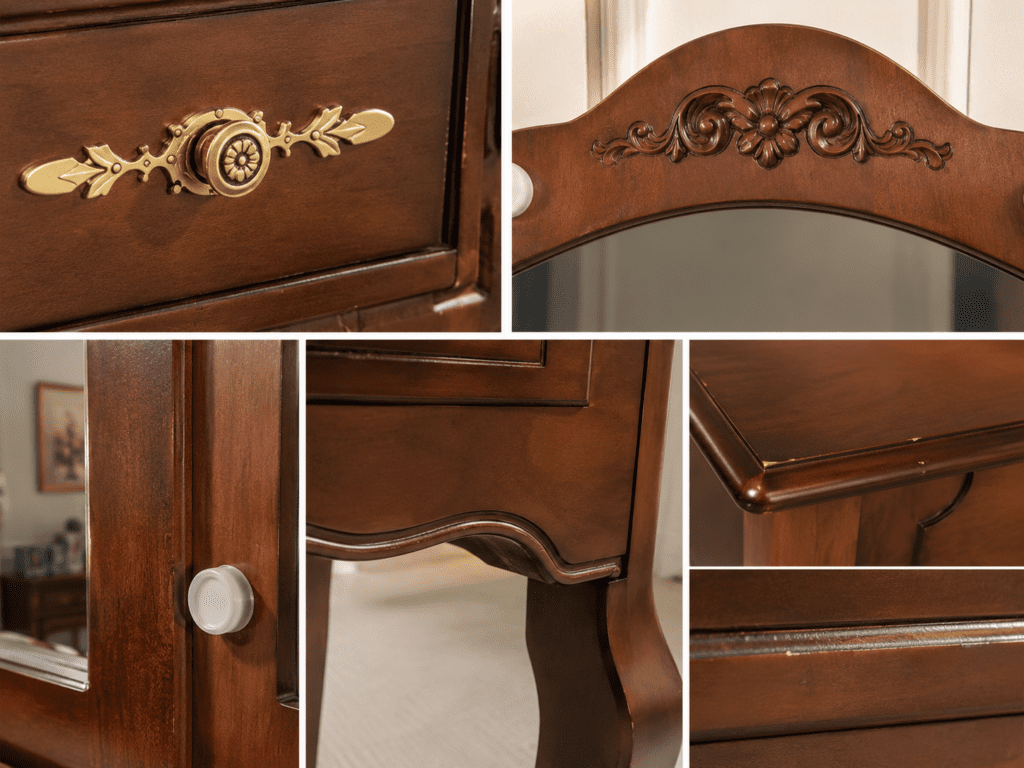 Close-up of antique vanity with mirror showing drawers and vintage hardware
