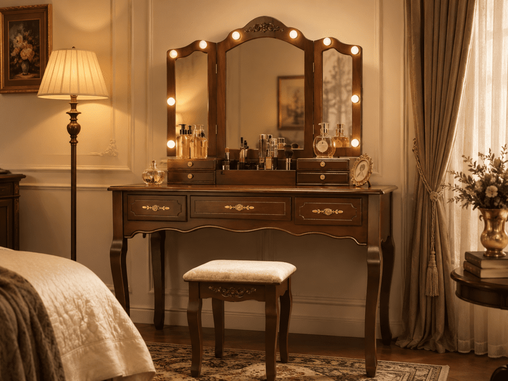 Antique vanity with mirror styled in a vintage bedroom