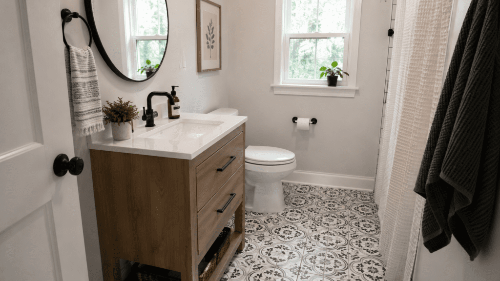 Modern peel and stick floor tiles used to refresh an outdated bathroom floor