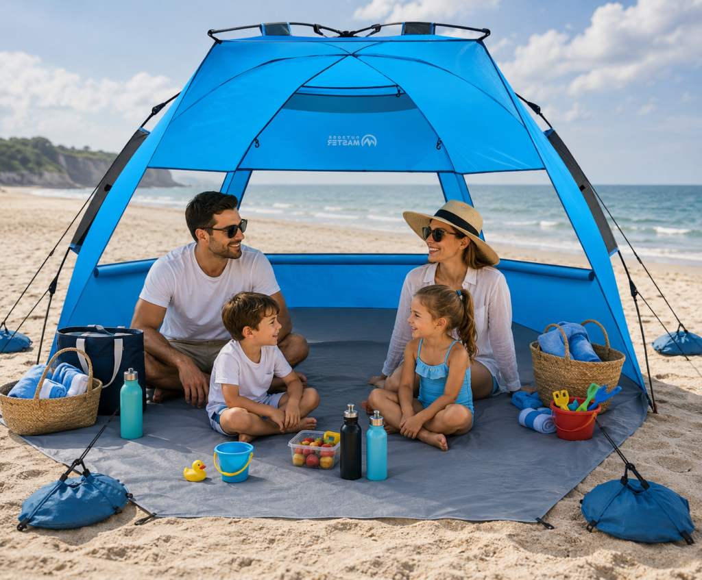 Family relaxing under a pop-up beach tent on a sunny beach with children playing nearby