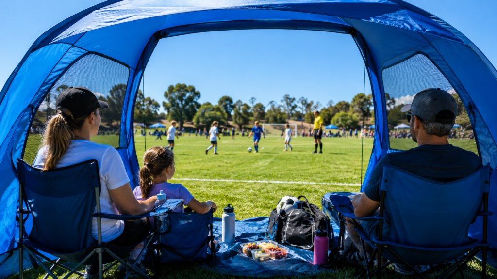 Family using a pop-up beach tent for shade while watching an outdoor soccer game