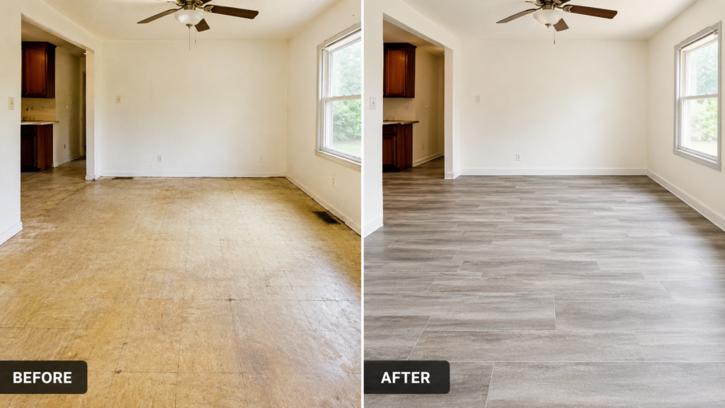 Before and after view of old flooring upgraded with peel and stick floor tiles