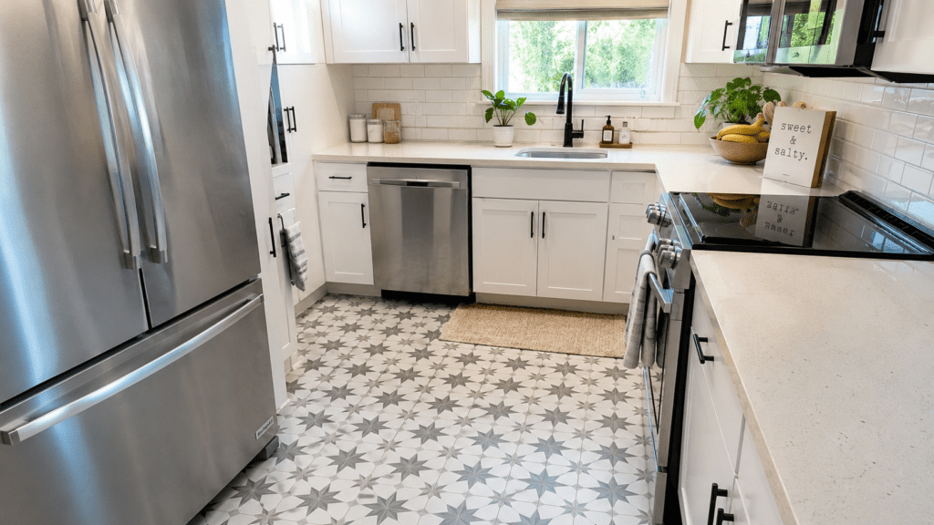 Peel and stick floor tiles installed in a small kitchen for an affordable budget renovation