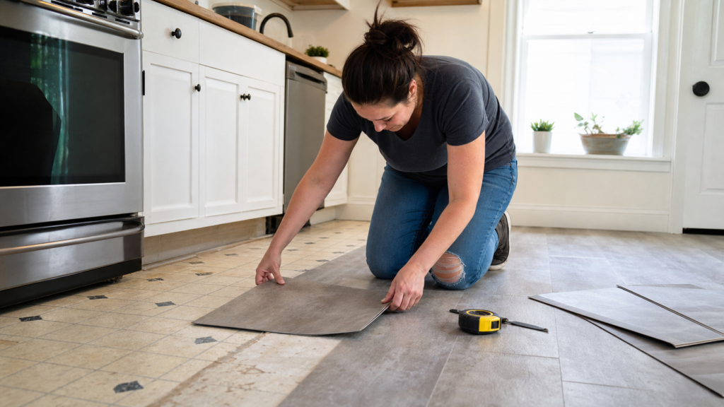 budget homeowner installing peel and stick floor tiles in a small kitchen