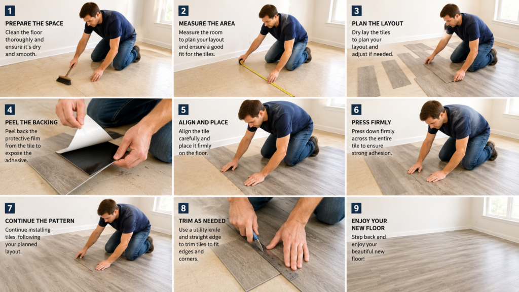 Homeowner installing peel and stick floor tiles as a simple DIY flooring project