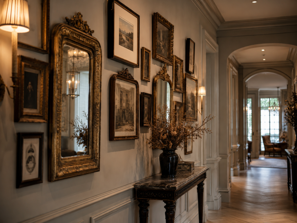 Antique mirrors for sale displayed on a luxury hallway gallery wall with layered framed paintings and warm ambient lighting
