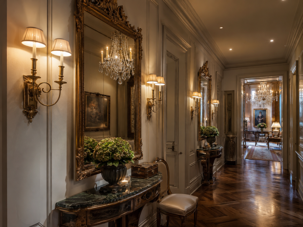 Antique mirrors for sale displayed in an elegant hallway with gold framed mirrors, wall sconces, chandelier reflections, and warm luxury lighting