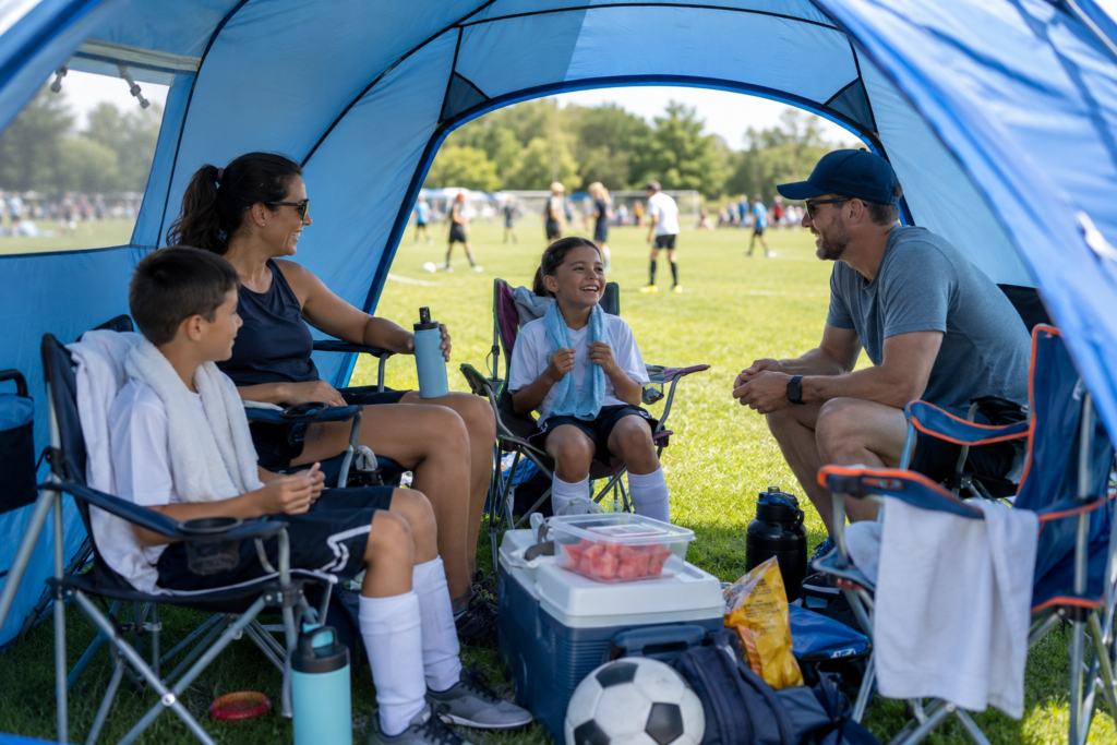 Parents and children resting in a pop-up beach tent during an outdoor sports tournament