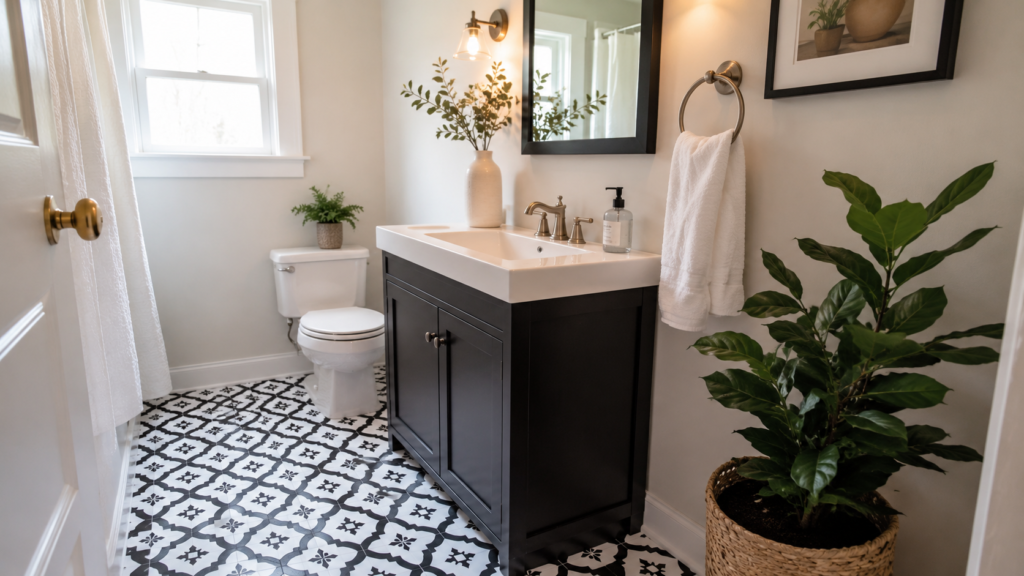 black geometric peel and stick floor tiles in small bathroom