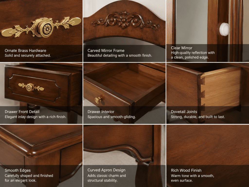 Buyer checking antique vanity with mirror details before purchase