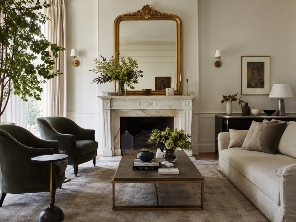 Antique mirrors for sale featuring a large gold ornate mirror above a marble fireplace in a luxury living room