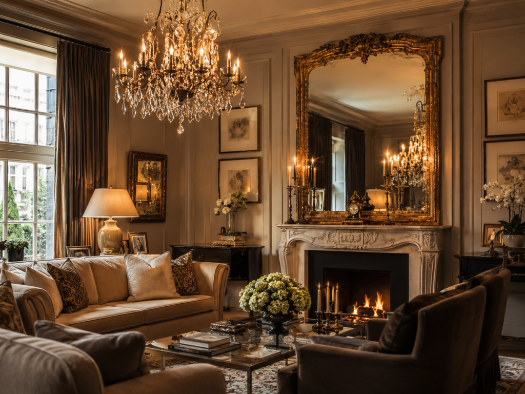 Antique mirrors for sale featuring a gold antique mirror reflecting warm chandelier lighting in a luxury living room