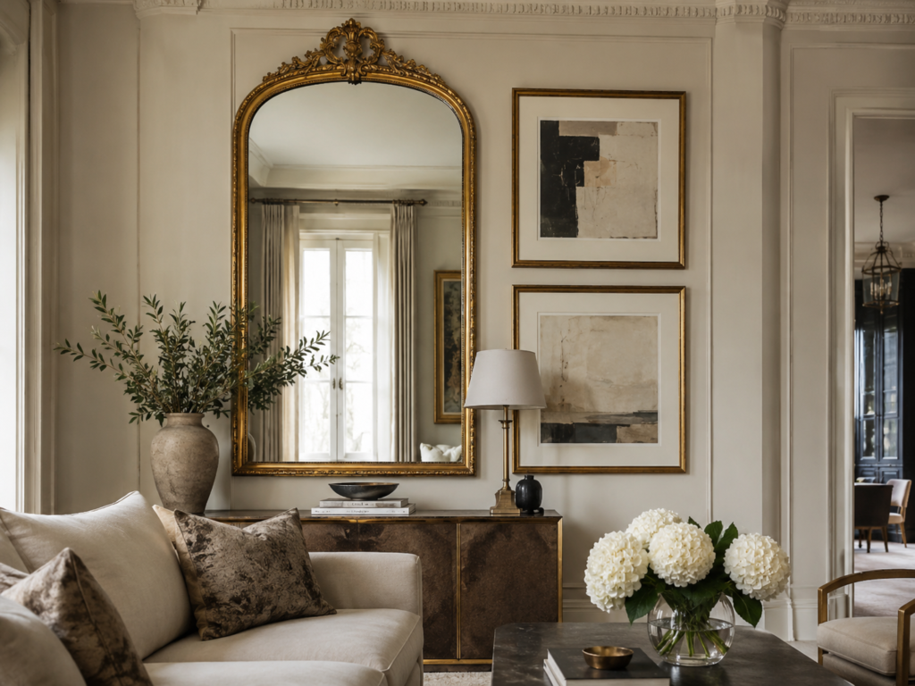 Antique mirrors for sale featuring a large gold mirror beside abstract framed artwork in a luxury neutral living room