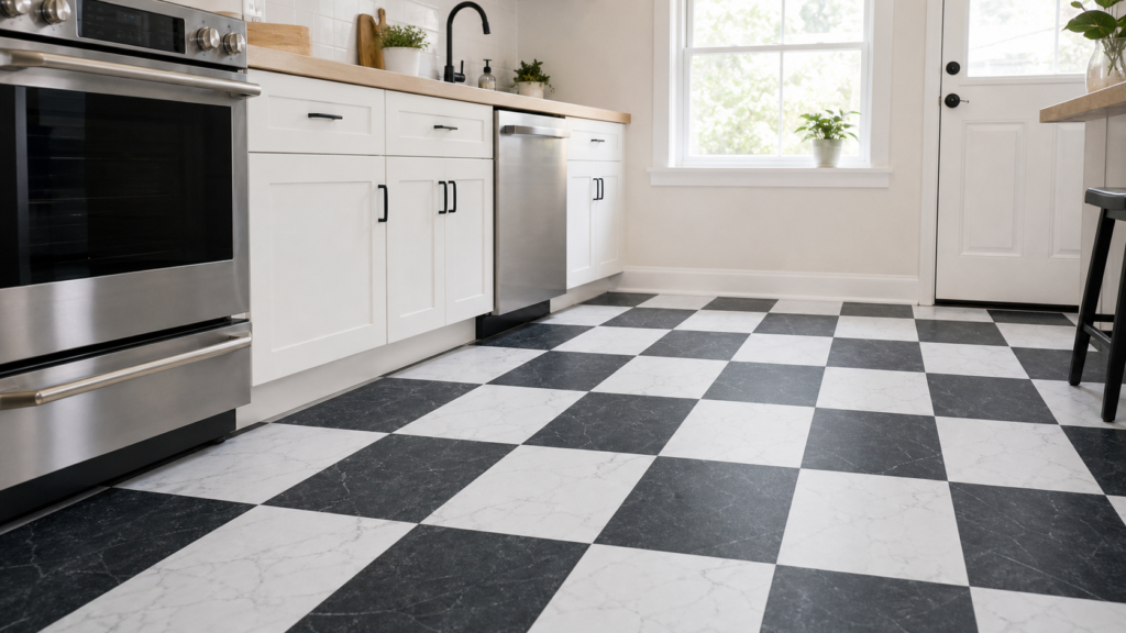 black and white marble peel and stick floor tiles for kitchen makeover