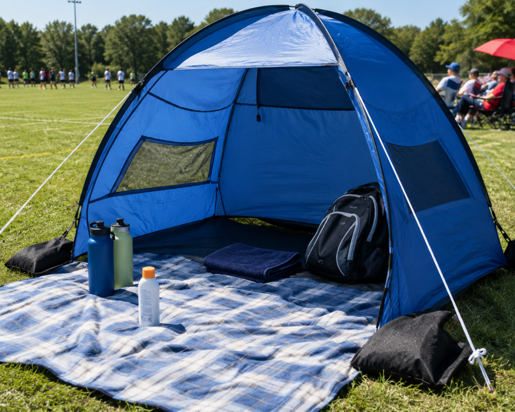 Pop-up beach tent with mesh windows, stakes, and shaded space for outdoor sports events