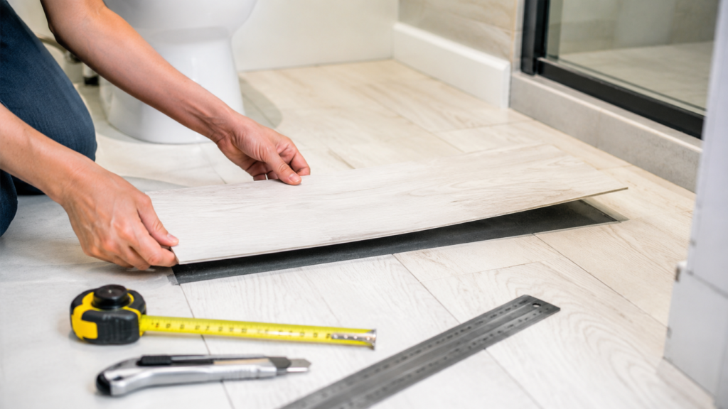 Peel and stick vinyl flooring in a modern renter-friendly kitchen makeover with pecan and off-white checker tiles.