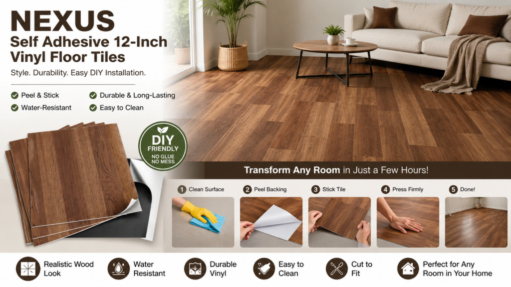 Nexus Self Adhesive 12-Inch Vinyl Floor Tiles installed in a modern living room, featuring realistic wood-look vinyl flooring, peel-and-stick installation steps, water-resistant surface, and DIY-friendly home renovation solution.