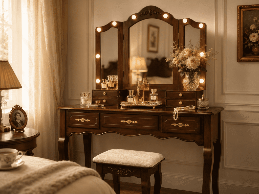 Antique vanity with mirror styled with vintage décor and perfume bottles
