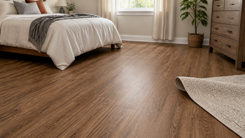 wood look peel and stick vinyl plank flooring in a bedroom makeover