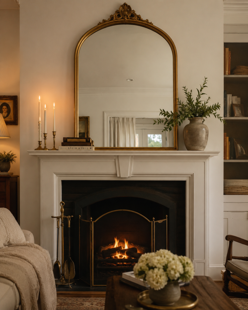 Antique mirrors for sale gold arched mirror above fireplace mantel
