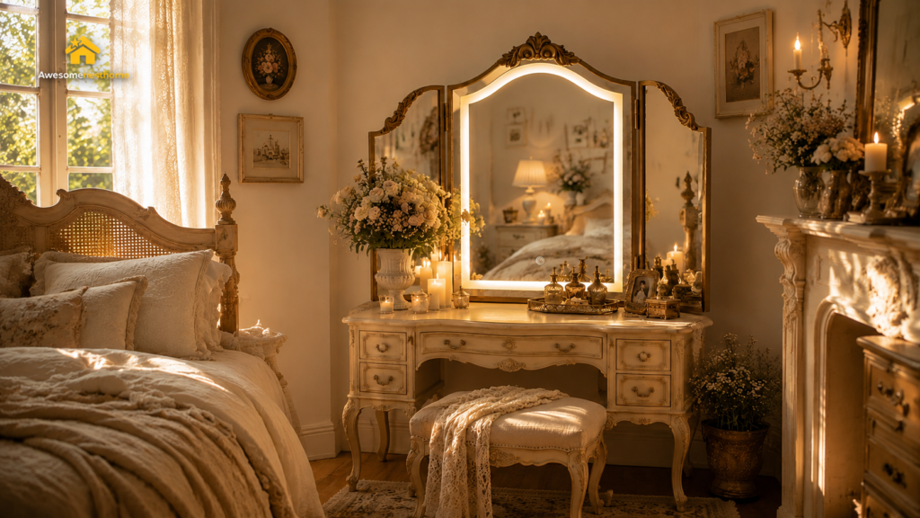 Antique gold vintage vanity mirror adding elegance to a bohemian bedroom decor style