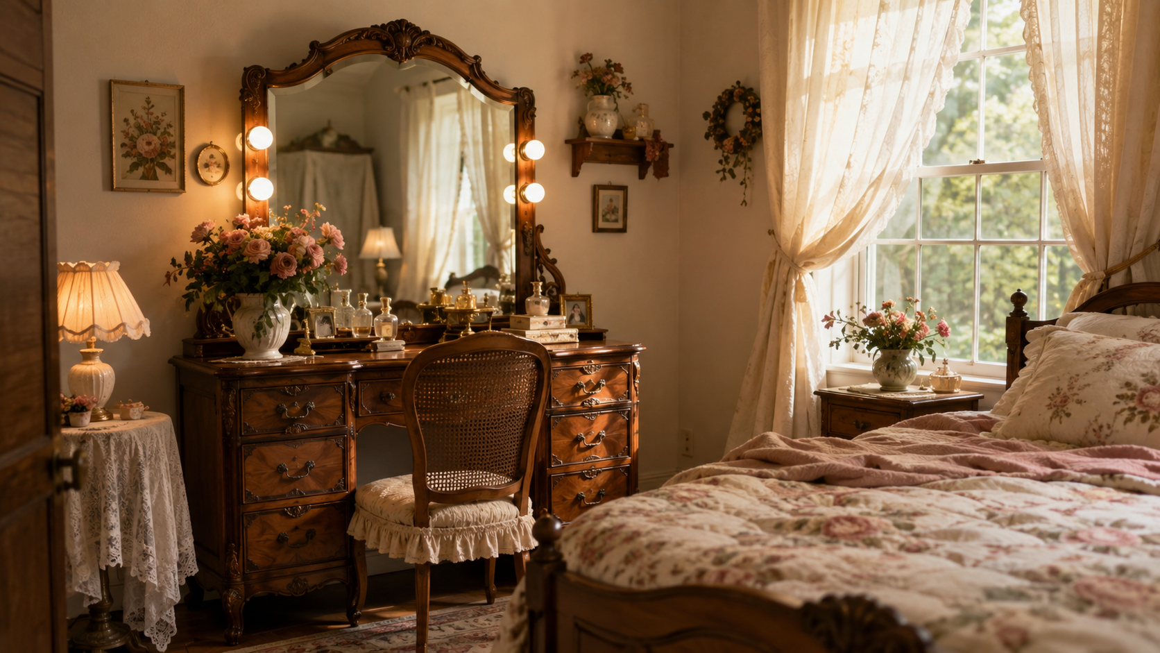 Antique vanity with mirror in a romantic cottagecore bedroom with warm lighting and vintage brown finish