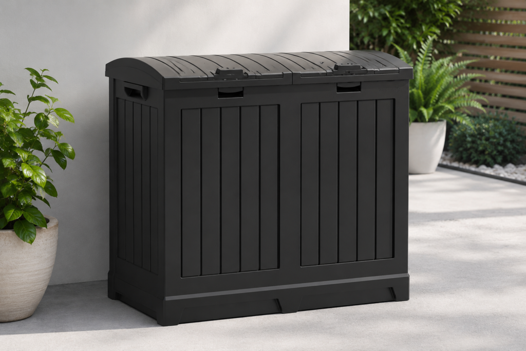 A clean product-focused view of a black resin outdoor trash cabinet with two separate compartments.