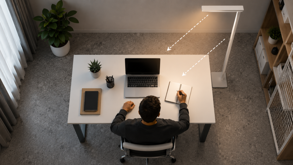 Reading lamp positioned beside a desk to reduce screen glare and writing shadows
