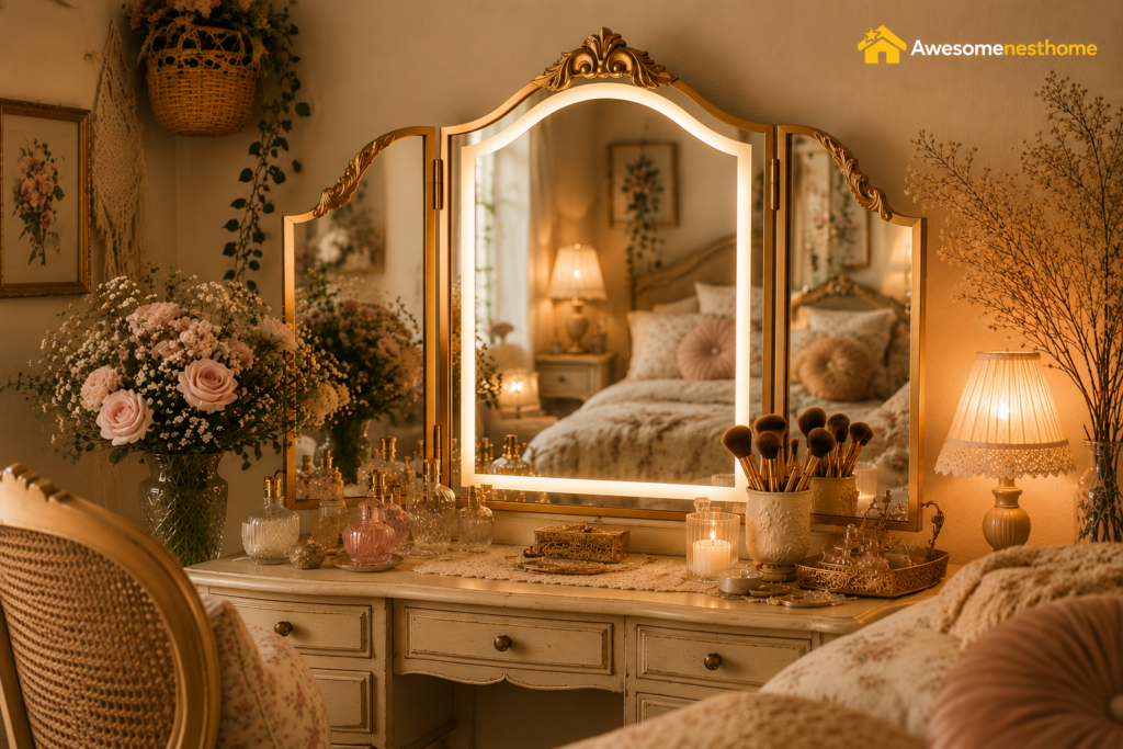Daily makeup routine using a vintage LED vanity mirror in a home dressing room