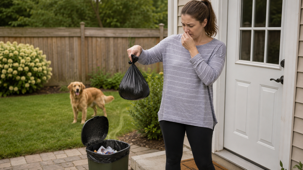 A homeowner holds a tied pet-waste bag outside, illustrating the inconvenience of carrying dog waste indoors.