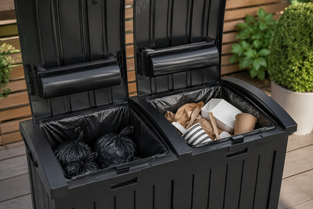 The open cabinet shows one lined compartment for tied pet-waste bags and another for regular patio trash.