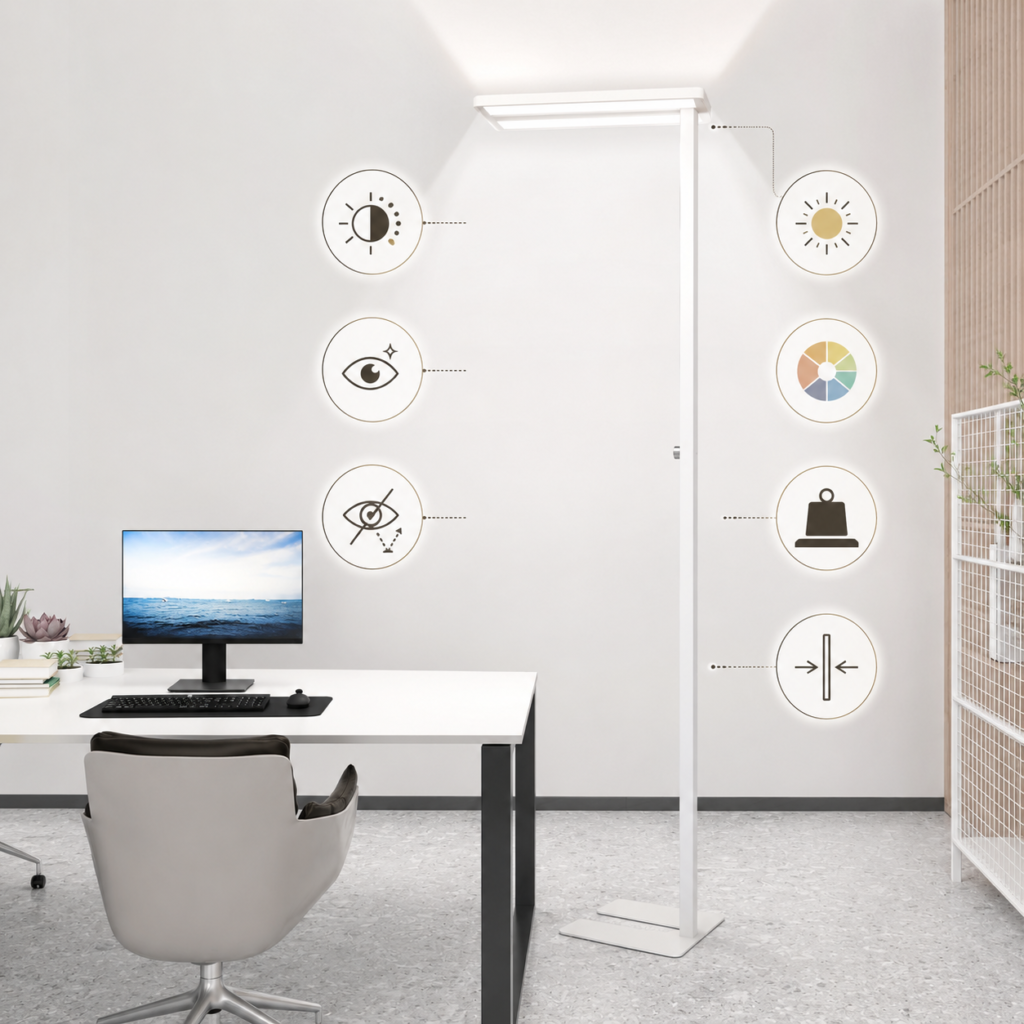 Key reading lamp features including dimming, glare control, high CRI, and stable base