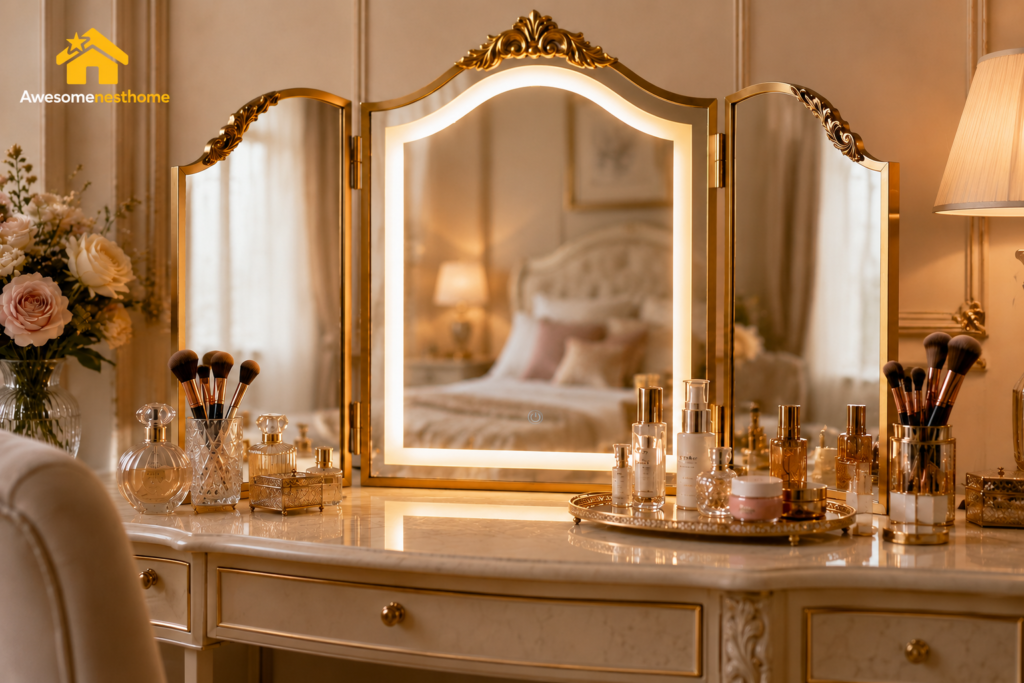 HSDDHOME antique gold triple fold makeup mirror with LED lighting on bedroom vanity table