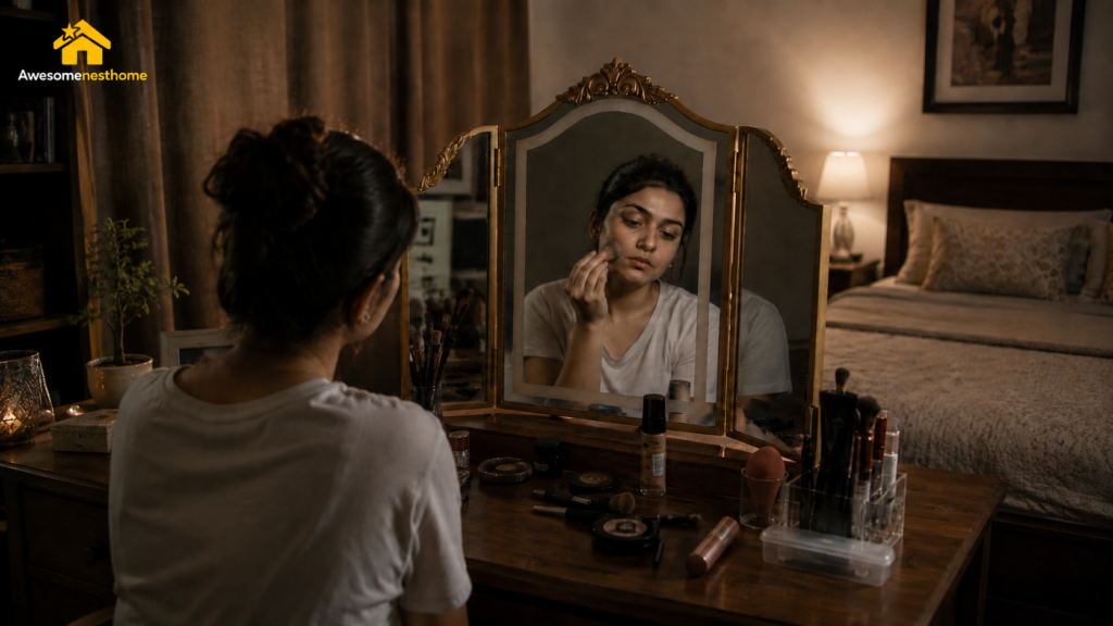 Woman applying makeup in a dimly lit bedroom showing the challenges of poor vanity lighting
