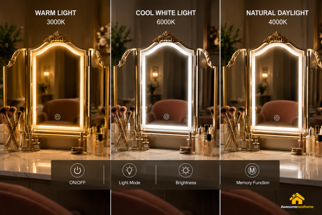 LED vanity mirror displaying warm cool and natural lighting modes for accurate makeup application