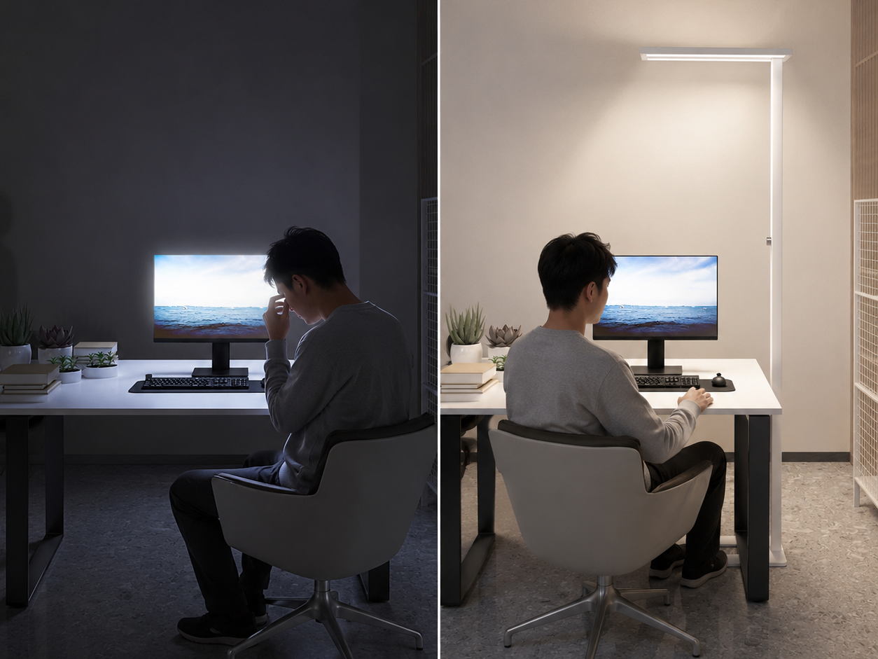 Comparison of poor home-office lighting and balanced reading lamp illumination