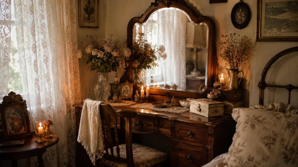 Romantic bedroom corner with antique vanity with mirror, floral décor, candles, and cottagecore style