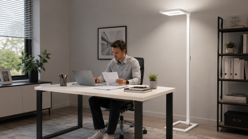 Tall white LED floor lamp lighting a remote worker’s desk and home office
