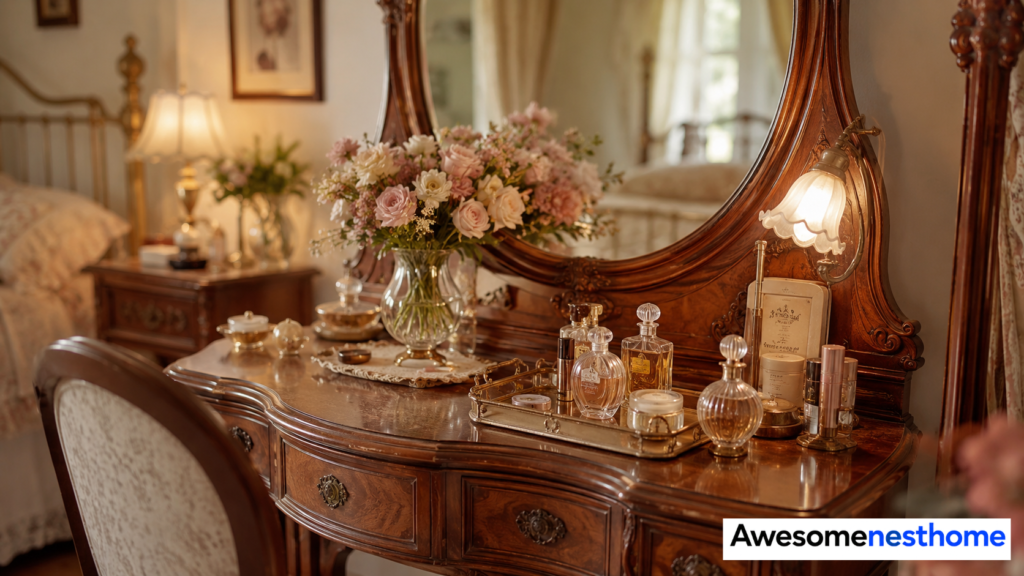 Vintage brown antique vanity with mirror styled with flowers, perfume, and soft romantic bedroom décor