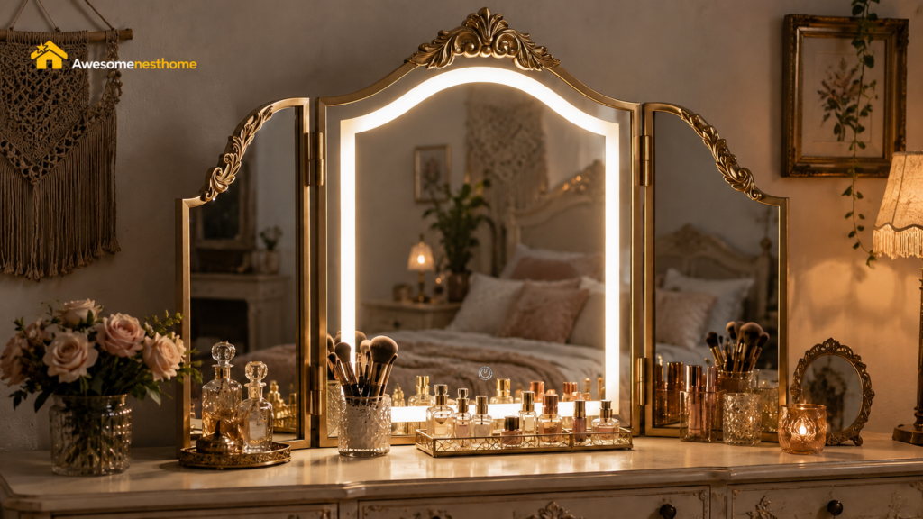 Vintage style vanity mirror with antique gold frame and LED lighting in a stylish bedroom makeup area